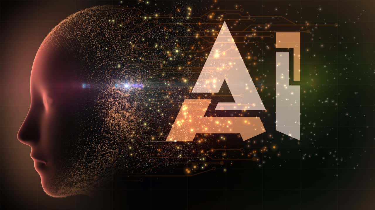 High quality animated graphical concept design depicting emerging Articial Intelligence technology with firing neurons in circuitry and flowing particles from AI Brain, in orange color scheme