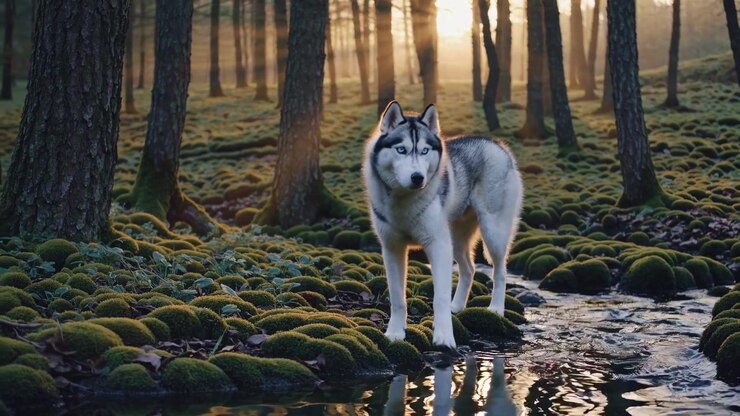 Husky siberiano caminando por un bosque cubierto de musgo al atardecer