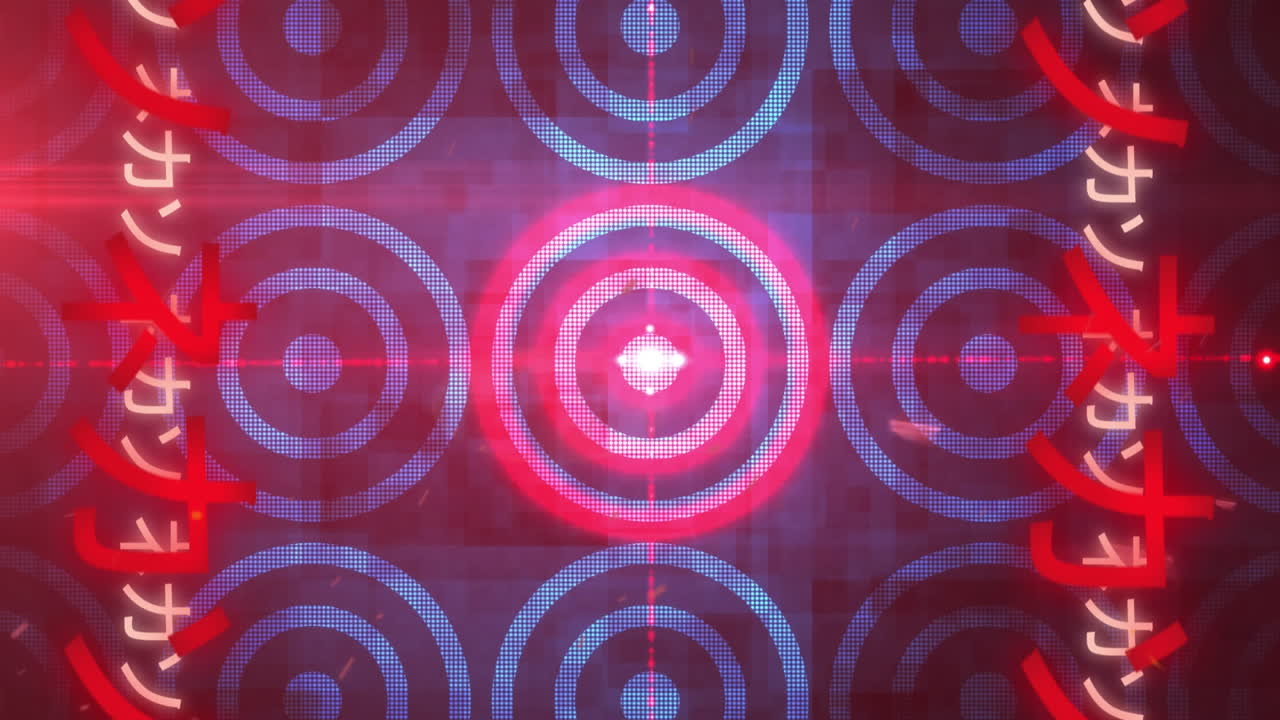 animación de letras asiáticas de neón que se mueven hacia arriba sobre círculos brillantes en el fondo