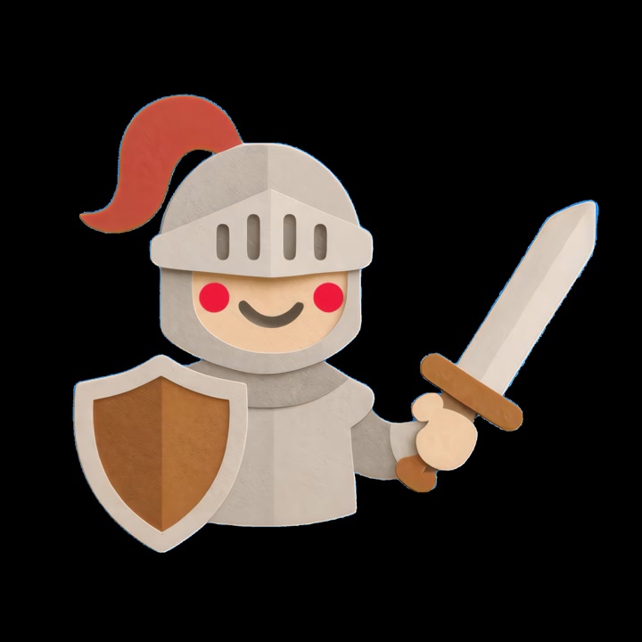 Personaje de caballero animado estilo papel sosteniendo espada y escudo