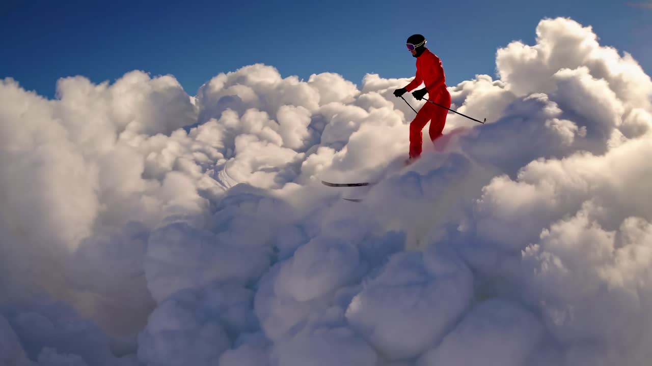 A skier in red appears to glide over fluffy clouds. Captured from a low angle, the video creates