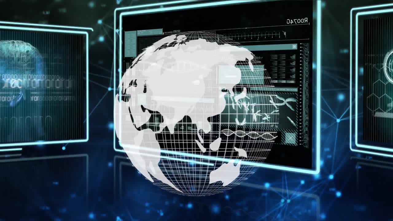 Screens with data processing and spinning globe