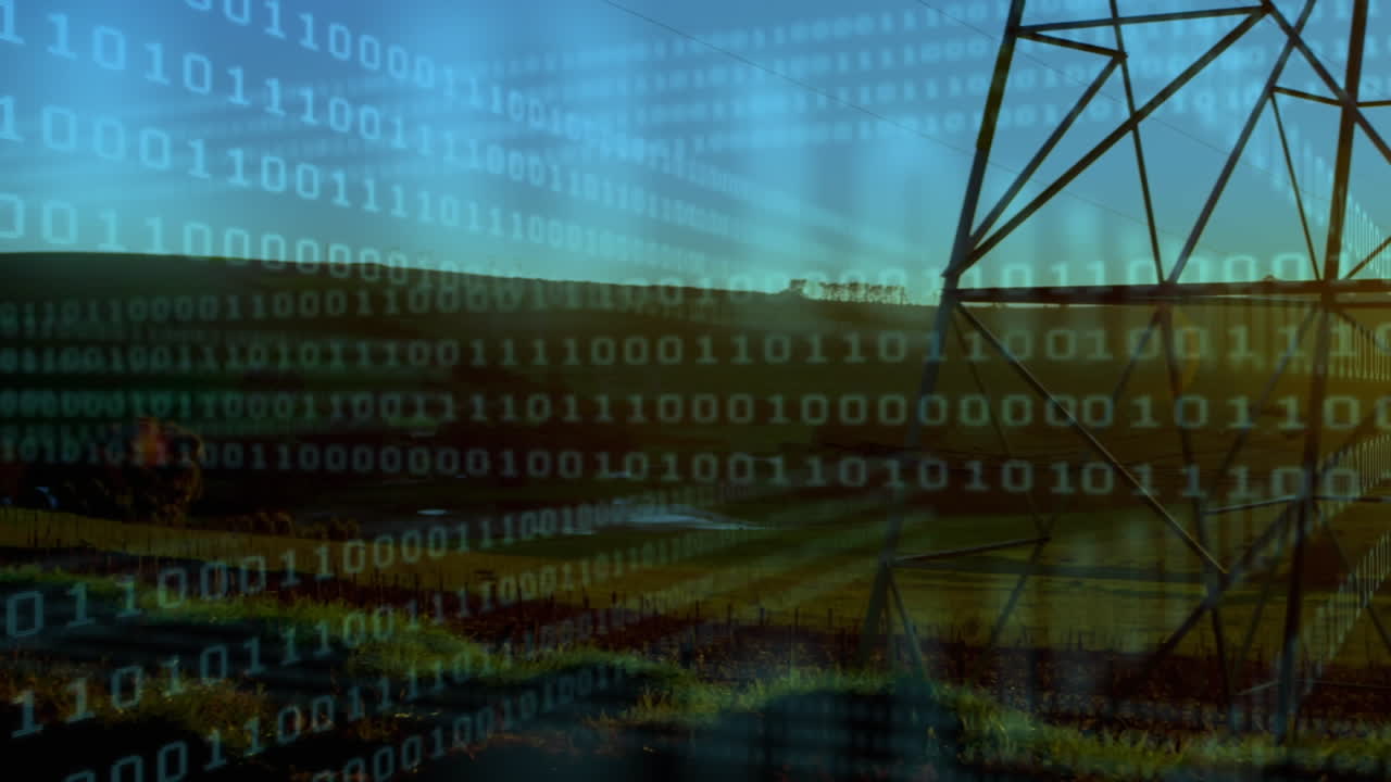 анимация обработки данных и двоичного кодирования над электрическими столбами