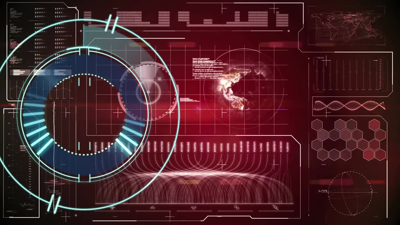 animación del escaneo del alcance y el procesamiento de datos sobre fondo rojo