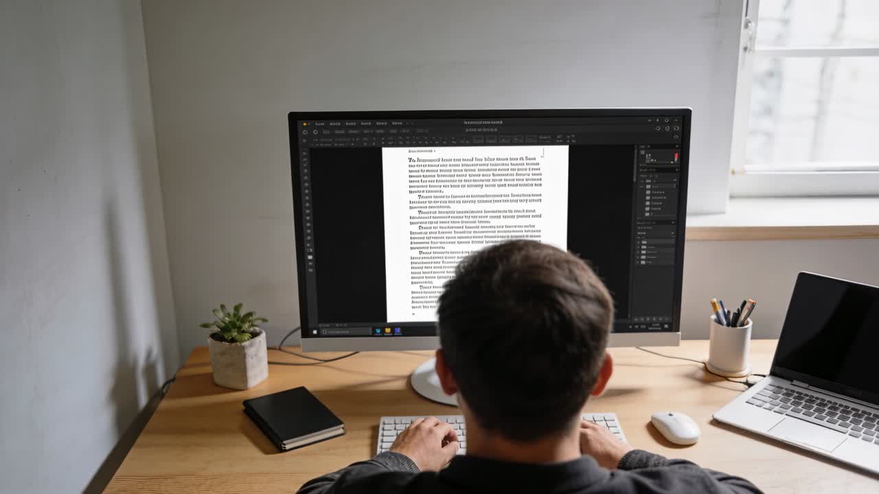 Mann sitzt am Schreibtisch, tippt und beginnt am Monitor zu scrollen und zu zoomen, um ein Dokument zu bearbeiten.