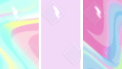 Animation-of-transparent-squares-on-vertical-pink-screen,-over-pastel-swirls