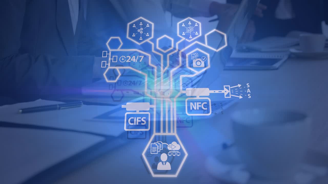 Animation of network of connections and icons over person using tablet