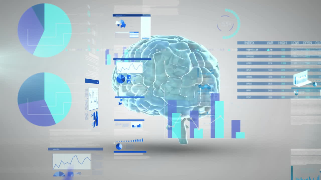 회색 배경에서 인간의 뇌를 통해 데이터 처리의 애니메이션