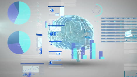 animación del procesamiento de datos sobre el cerebro humano en fondo gris
