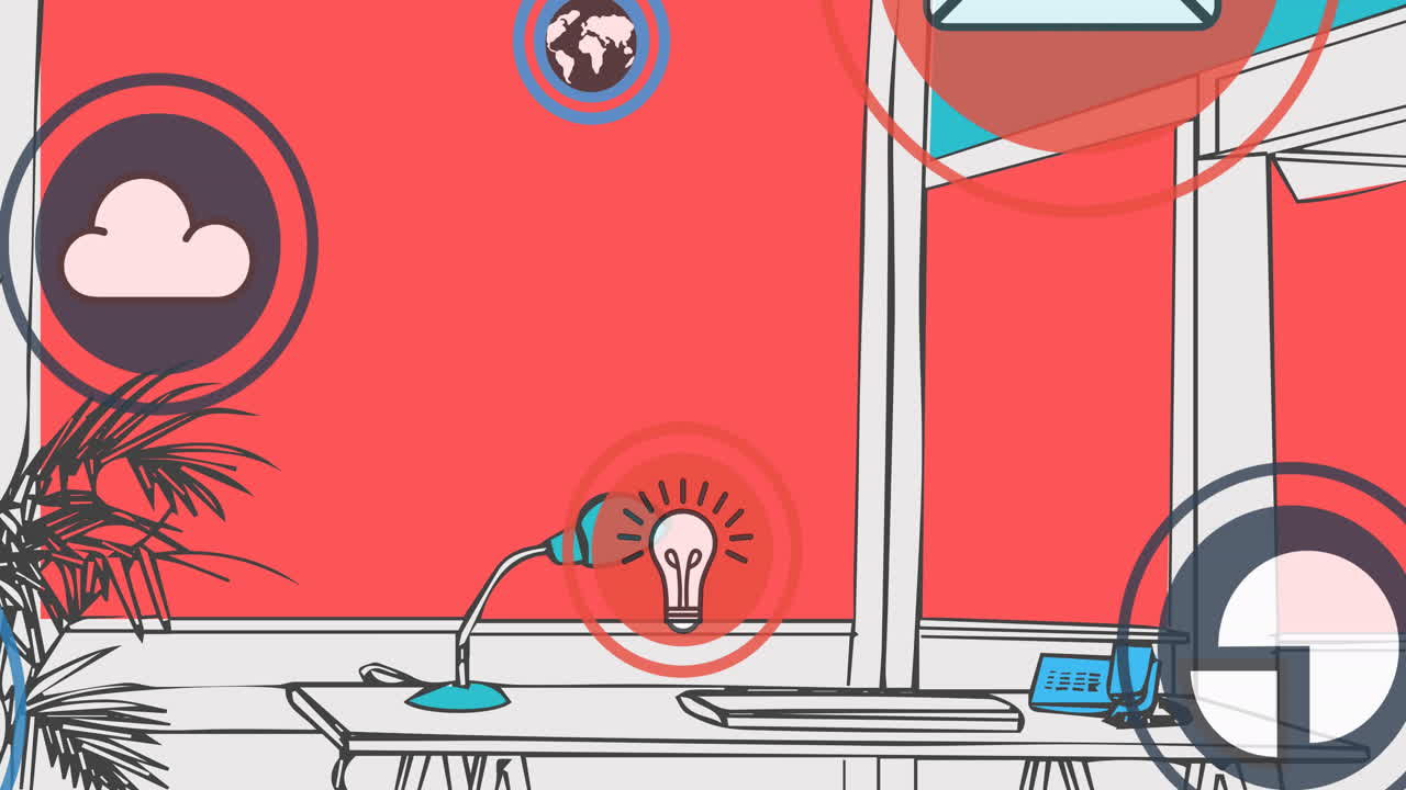 коммуникационные и медийные значки над столом в офисе через окно с красным фоном