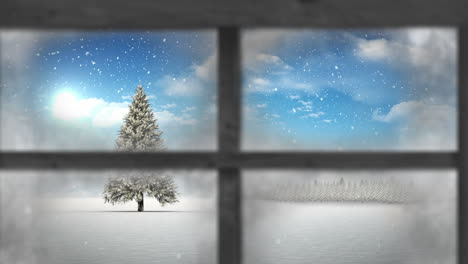 Wooden-window-frame-against-snow-falling-over-christmas-tree-on-winter-landscape