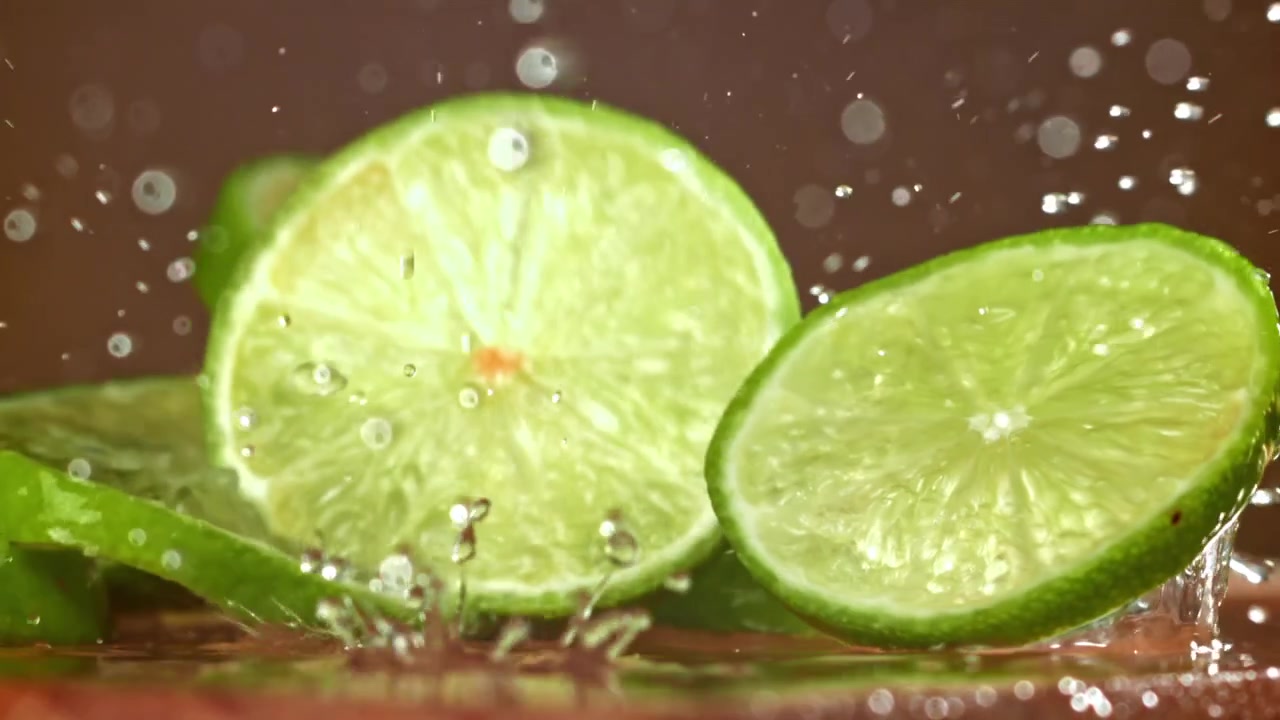 Sakte film av ferske limeskiver som plasker ned i vann