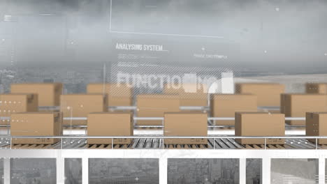 animation of financial data processing over boxes on conveyor belts and cityscape