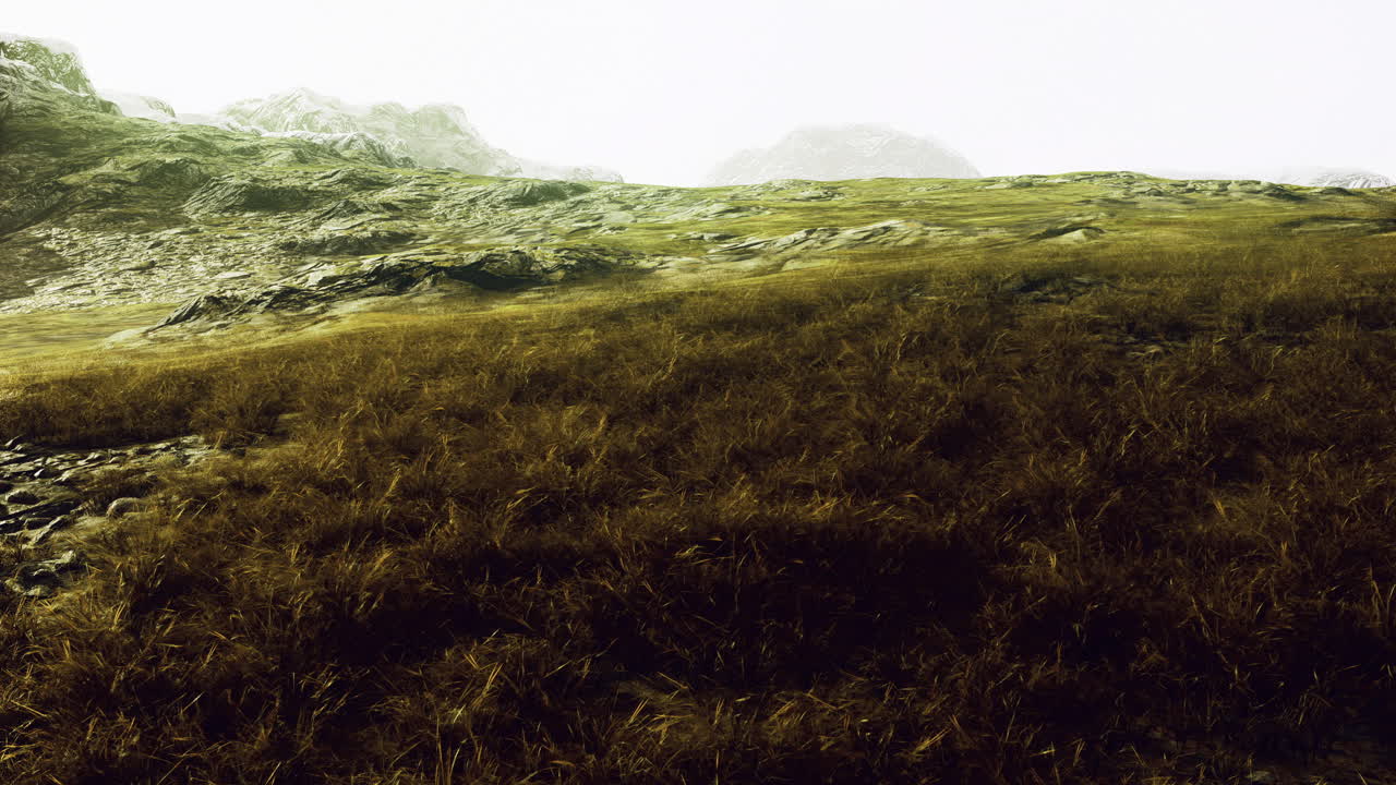 vasto paisaje que muestra terreno rocoso y hierba exuberante bajo un cielo brumoso