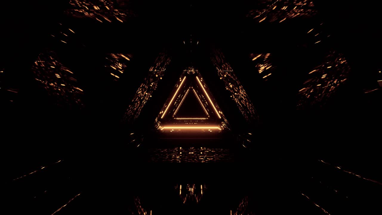 3d render, golden neon triangular portal, glowing lines, triangle, tunnel, corridor, virtual reality, abstract fashion background, violet neon lights, arch, laser show