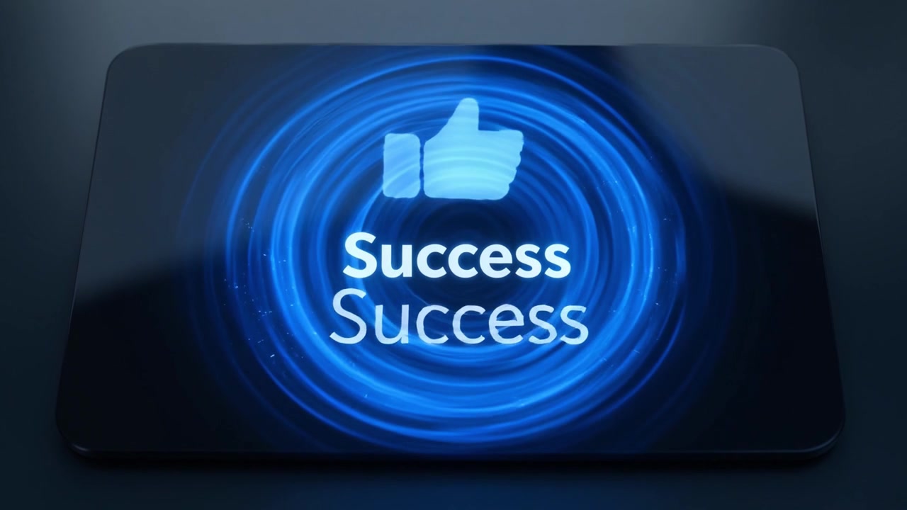 Animated Thumbs Up Icon and Success Text on Digital Screen
