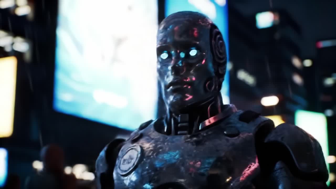 A futuristic robotic figure stands in an urban setting illuminated by vibrant advertisements, capturing the essence of technology in a rain-soaked night atmosphere