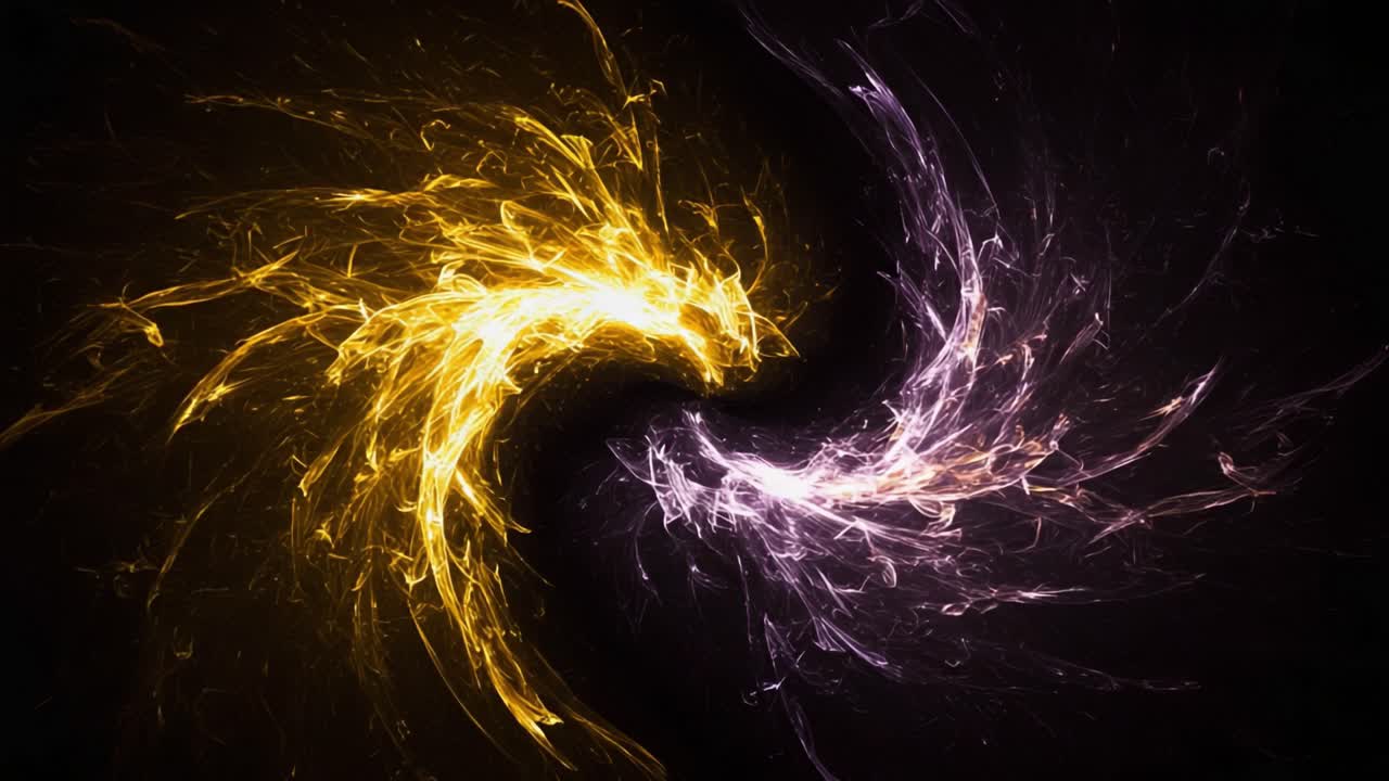 Dynamic Energy Flow: A Captivating Visual Dance of Golden and Violet Light Creating a Striking Contrast Against a Black Background