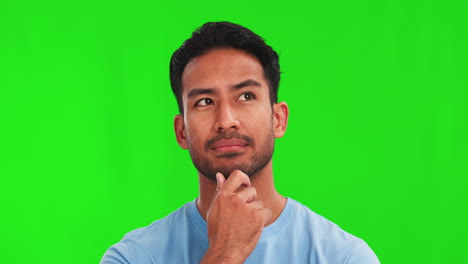 Thinking, ideas and man face on green screen