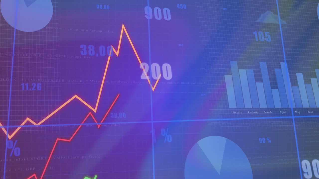 Data trends being visualized on gradient grid, with jagged line graphs, bars and pie chart