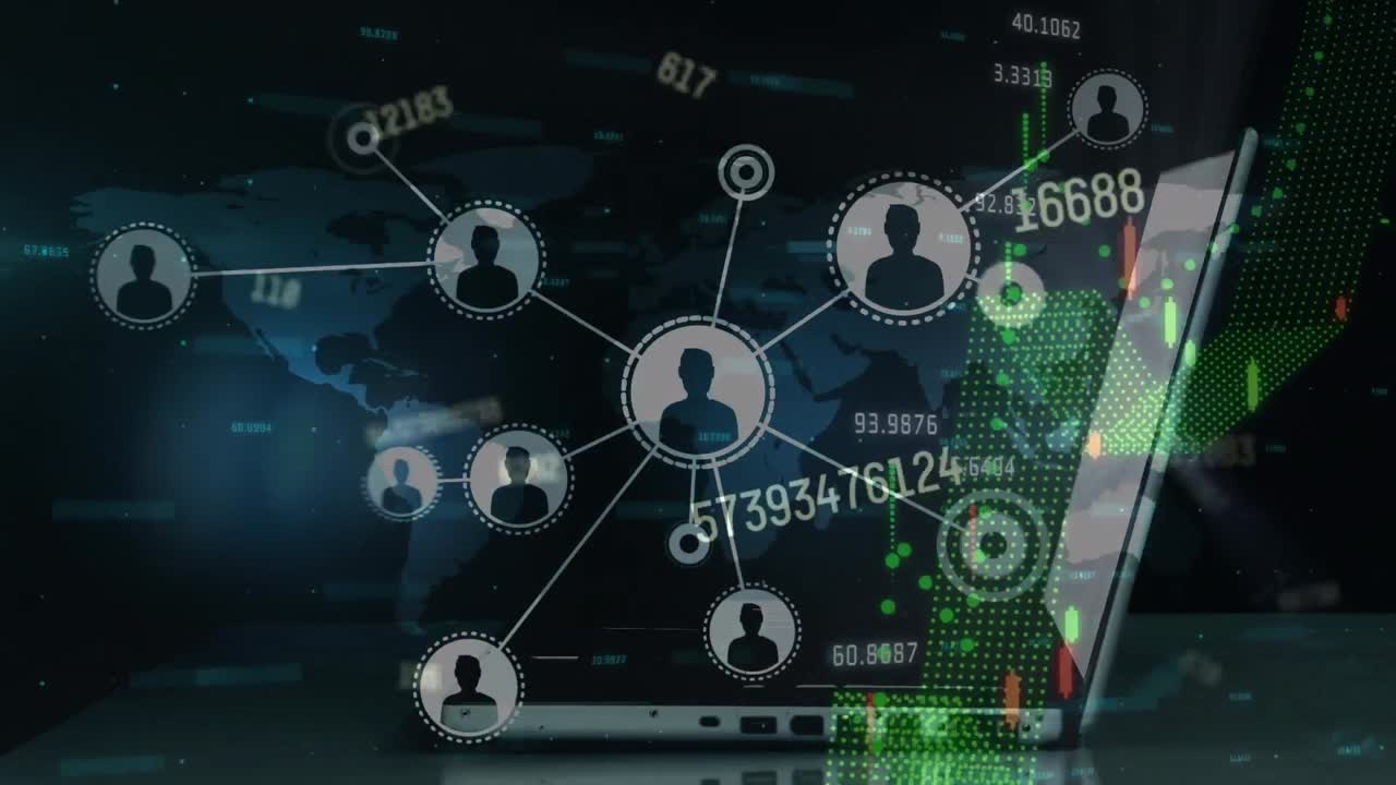 animación de la red de conexiones con iconos y números cambiando a través de la computadora portátil