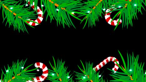 marco de navidad sobre fondo negro. telón de fondo abstracto con árboles de brunch, dulces y luces