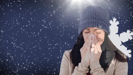 woman sneezing against snowflakes background 4k