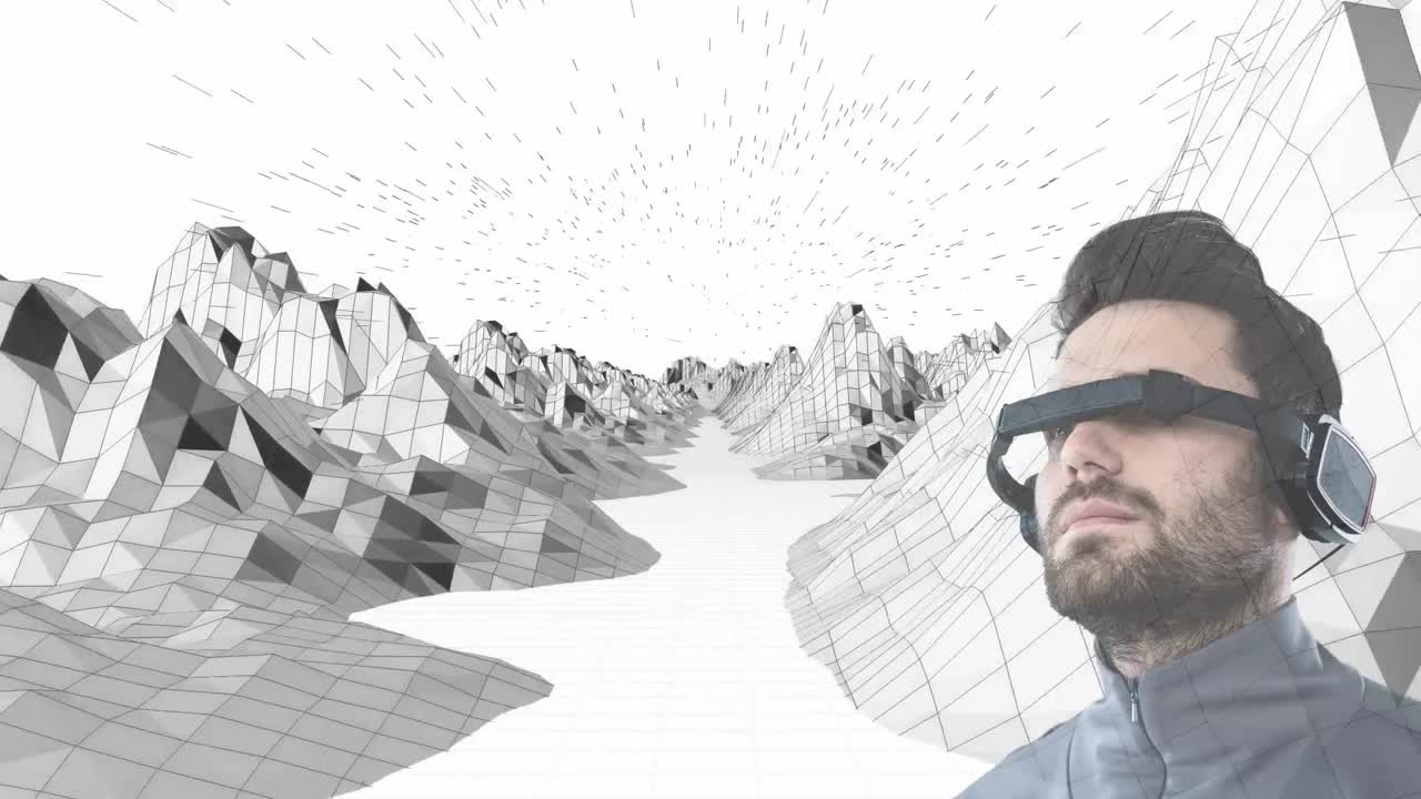 animación de un mapa digital en 3d, un hombre con auriculares vr contra un fondo blanco
