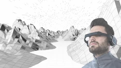 Animation-of-3d-digital-map,-man-wearing-vr-headset-against-white-background