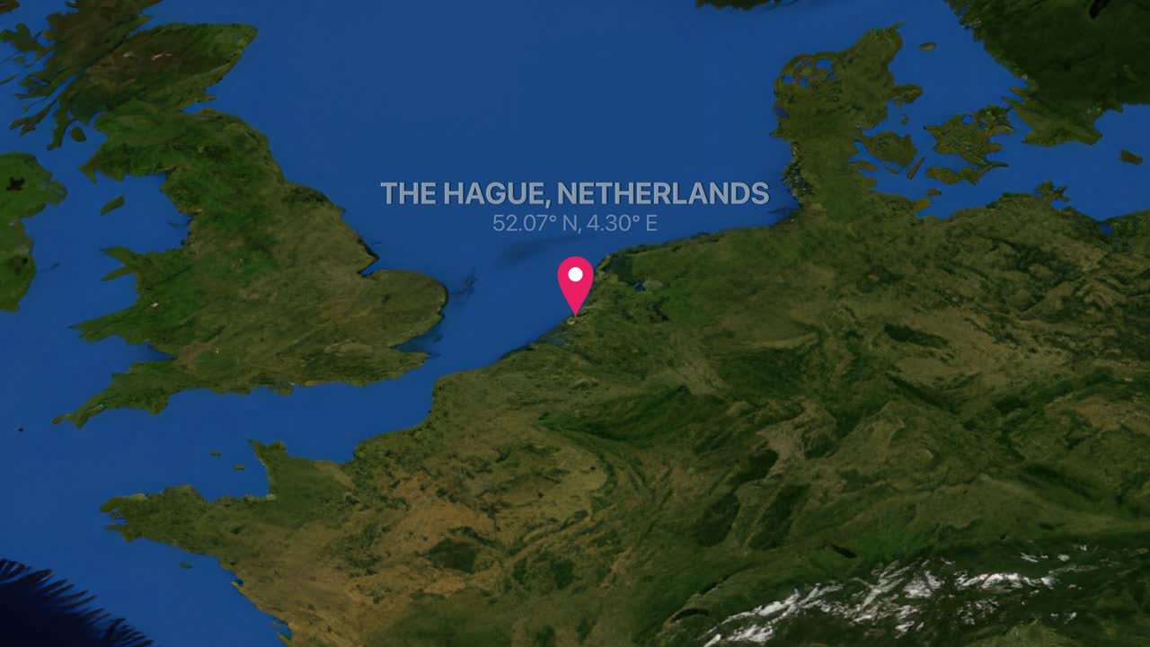 Digital earth render zooms from world view to Europe, pinpointing The Hague, Netherlands with coordinates