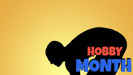 animation of hobby month text in red and blue over silhouette of male swimmer on yellow