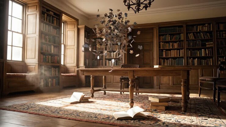 Pezzi di puzzle che cadono e si riversano in una grande biblioteca