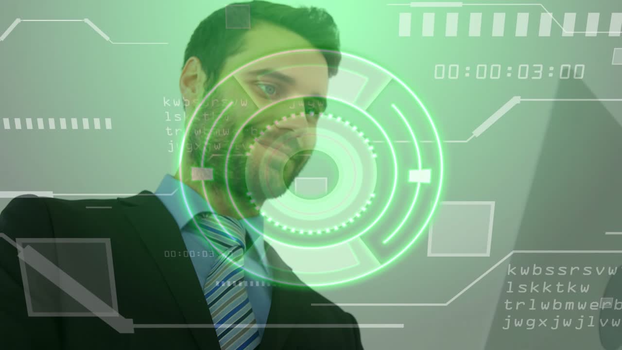 Tech exec raising gaze to monitor HUD and activating hologram display for analyzing pulsating codes