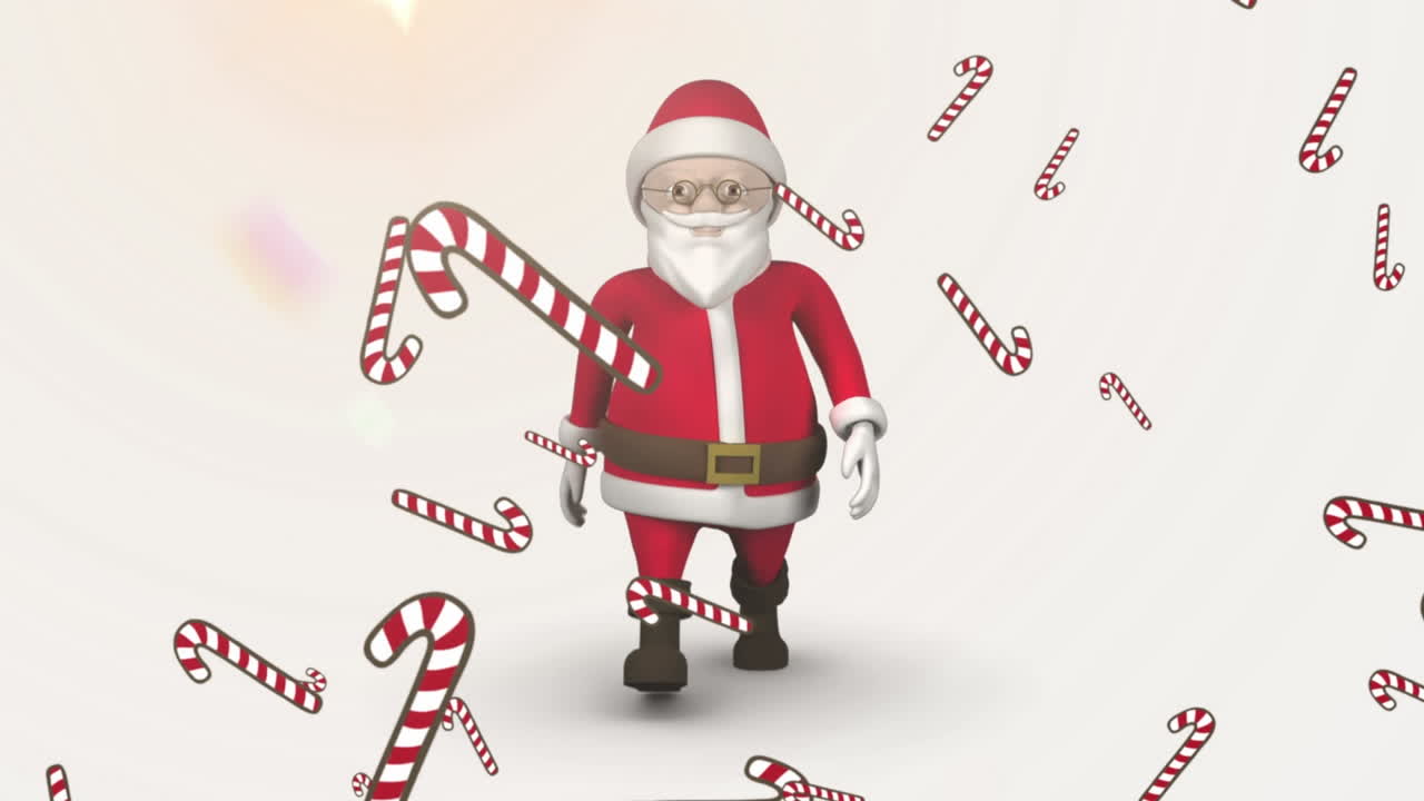 Multiple candy cane icons falling over santa claus icon walking against orange background