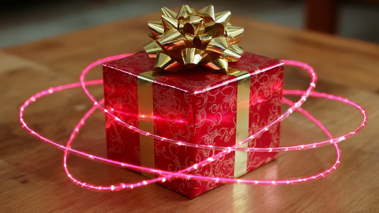 Confezione regalo vivace con nastro dorato e fiocco, circondata da cerchi di luce scintillanti, perfetta per celebrare occasioni speciali o festività