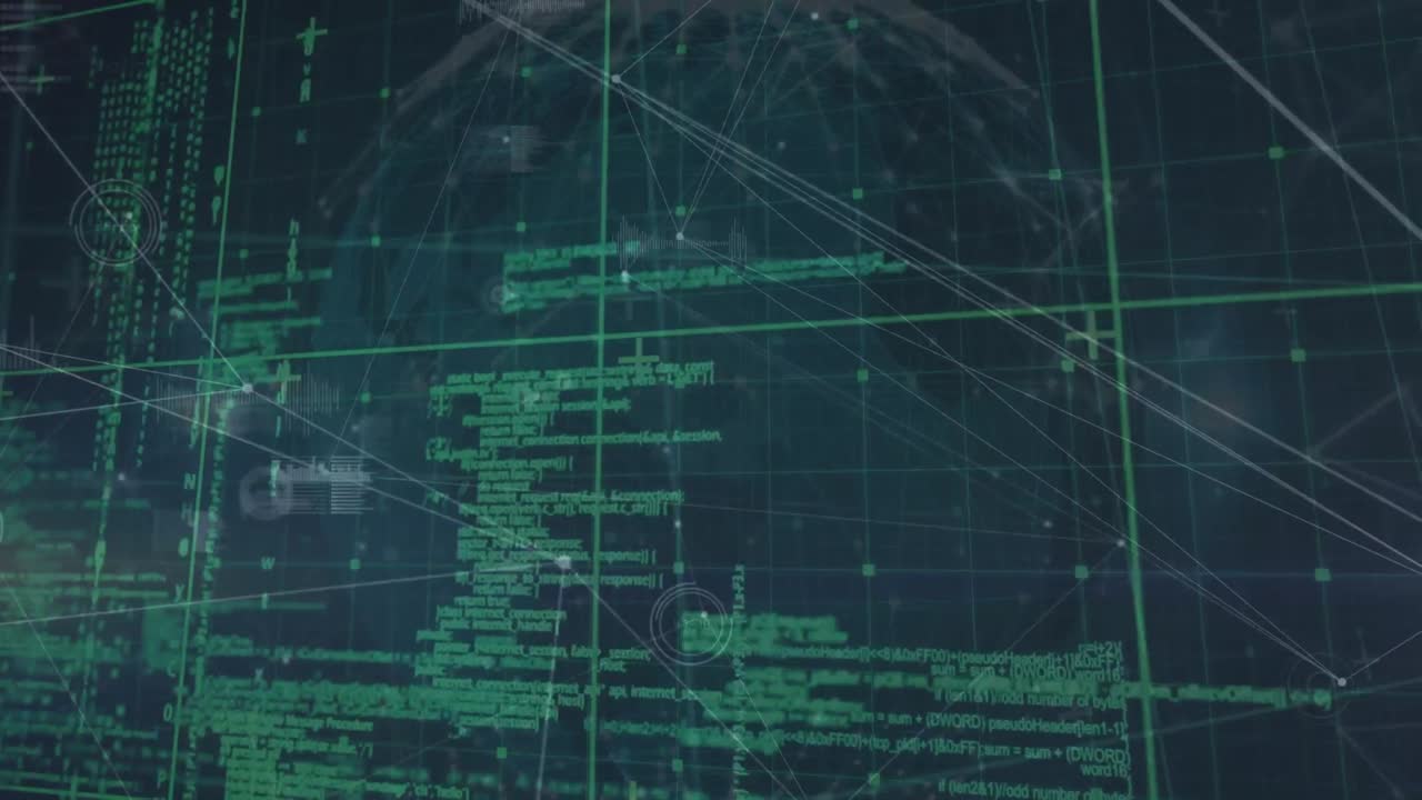 animação do globo com processamento de dados e rede de conexões sobre fundo preto