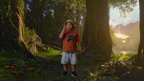 asian boy with a hat and binoculars smiling and showing okay gesture to camera while exploring forest nature. boy researcher examines something, travel adventure, full body