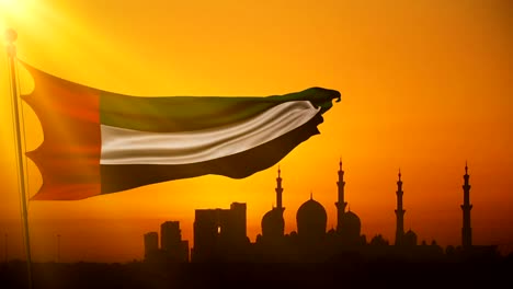 animación de tela ondulante textura de la bandera con el color de los emiratos árabes unidos al atardecer con rayos de sol luz, eau en la silueta de la mezquita