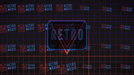 animation of moving retro text in neon letters over neon frame and grid