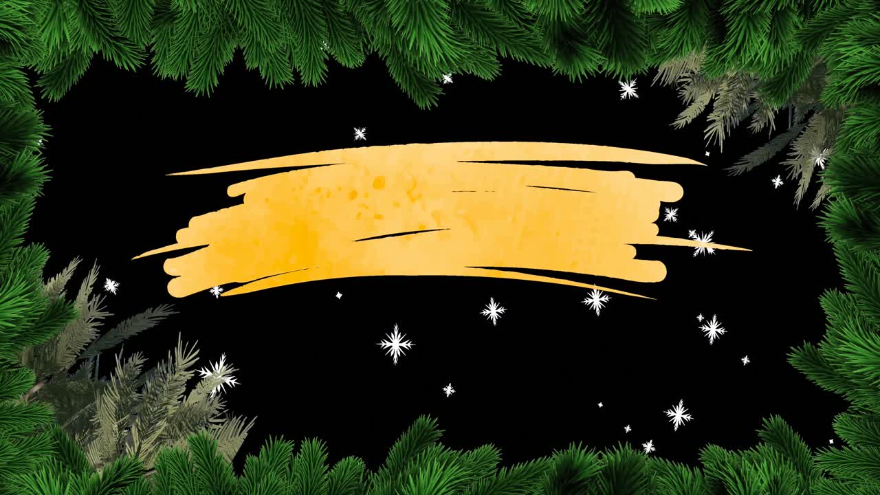 검은색 배경에 초록색 잎 위에 떨어지는 눈송이의 애니메이션