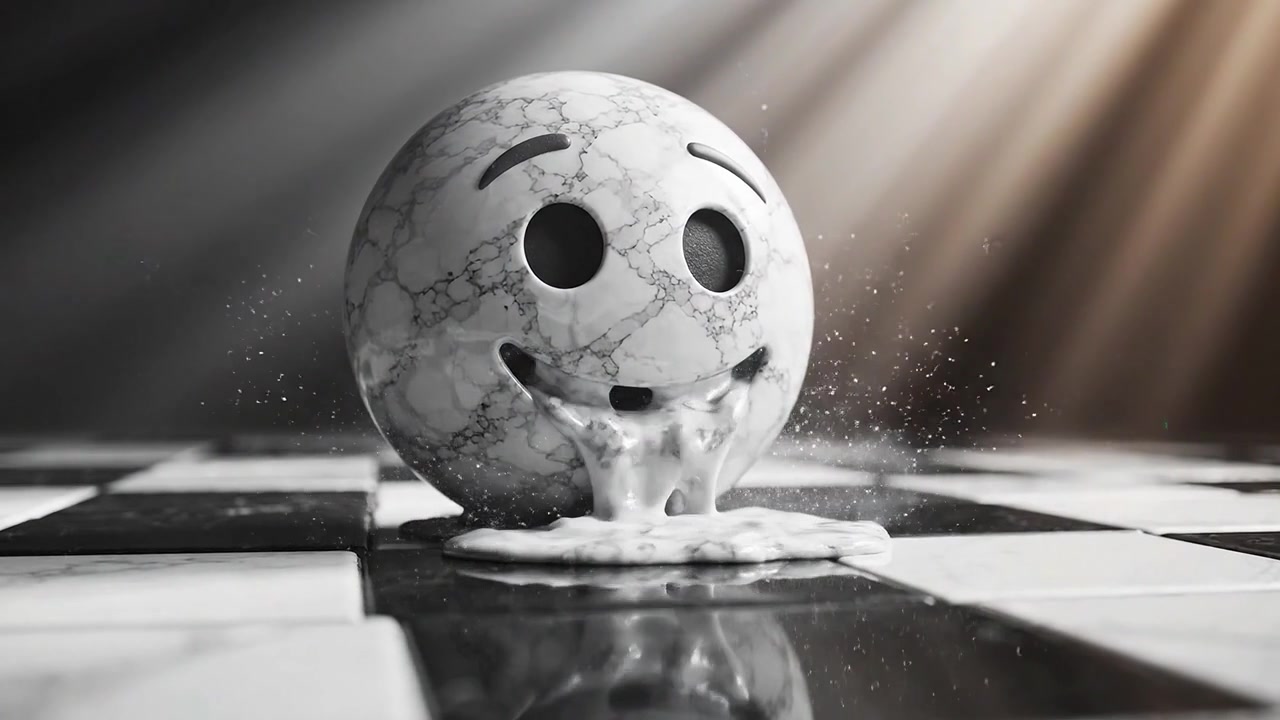 Una faccina sorridente di marmo che passa da un'emozione gioiosa a una che si scioglie su una scacchiera con effetti di luce drammatici, catturata in due fotogrammi.