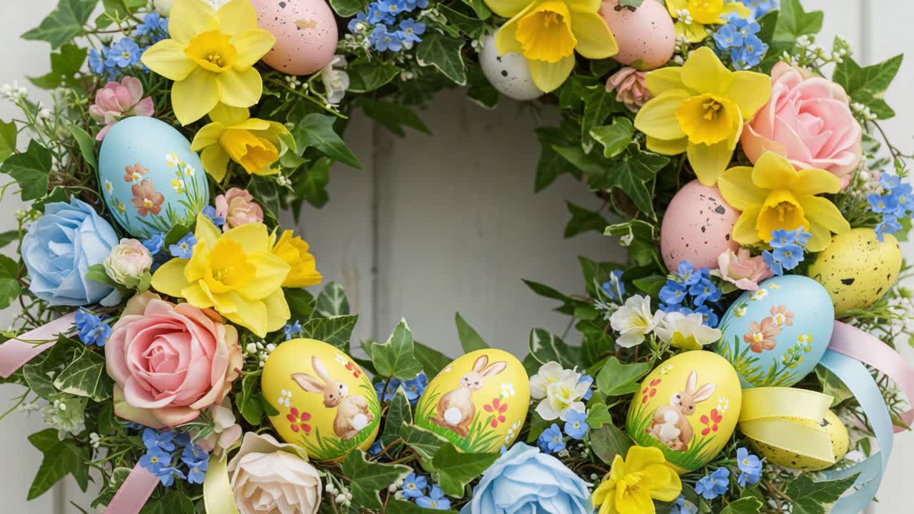 Colorful Easter Wreath Adorned with Pastel Eggs, Vibrant Blossoms, and Decorative Flowers Celebrating the Joy of Springtime Festivities