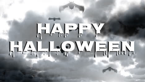 feliz texto de halloween con efecto de goteo sobre el fondo de nubes tormentosas