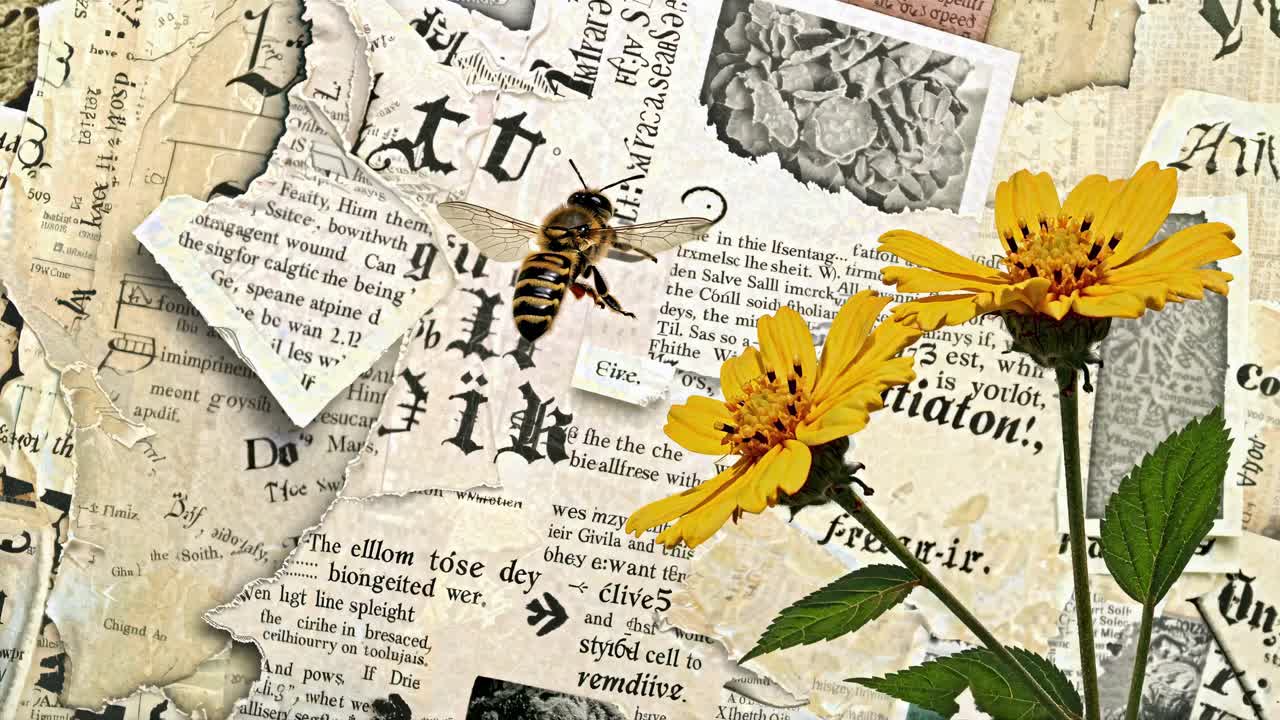Close-up video still of a bee on yellow flowers against a vintage collage of torn newspaper