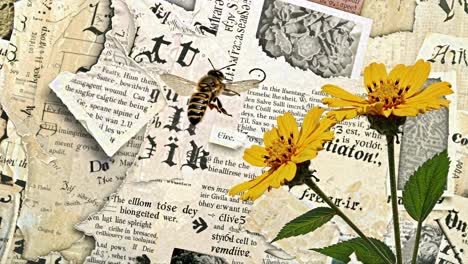 close-up video still of a bee on yellow flowers against a vintage collage of torn newspaper
