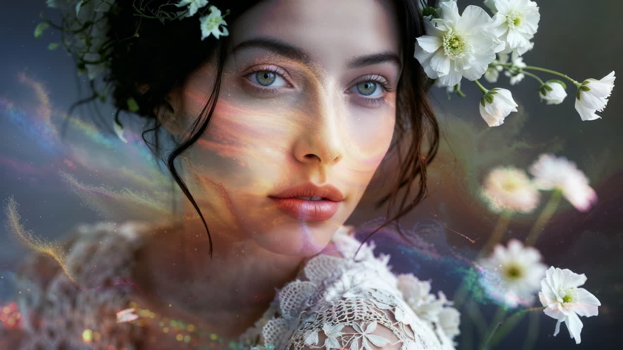 Donna eterea con corona floreale e bagliore mistico
