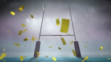 Animation-of-gold-confetti-falling-over-rugby-pitch-sports-stadium