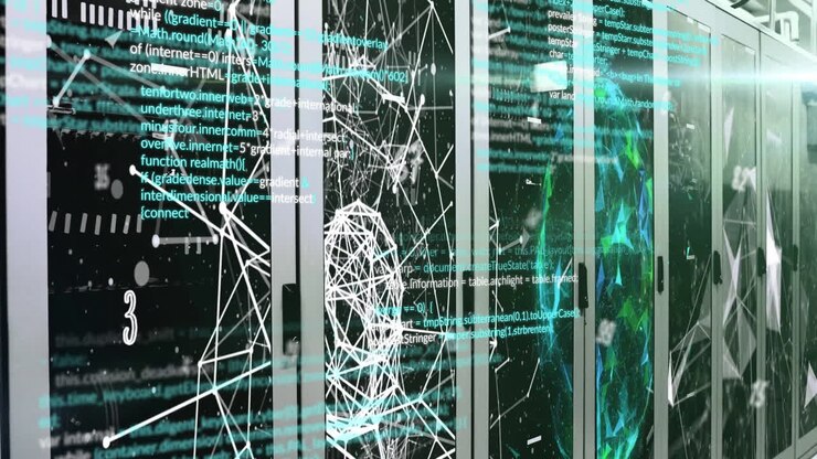 Animation of connections and data processing with globe over server room