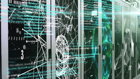 animation of connections and data processing with globe over server room