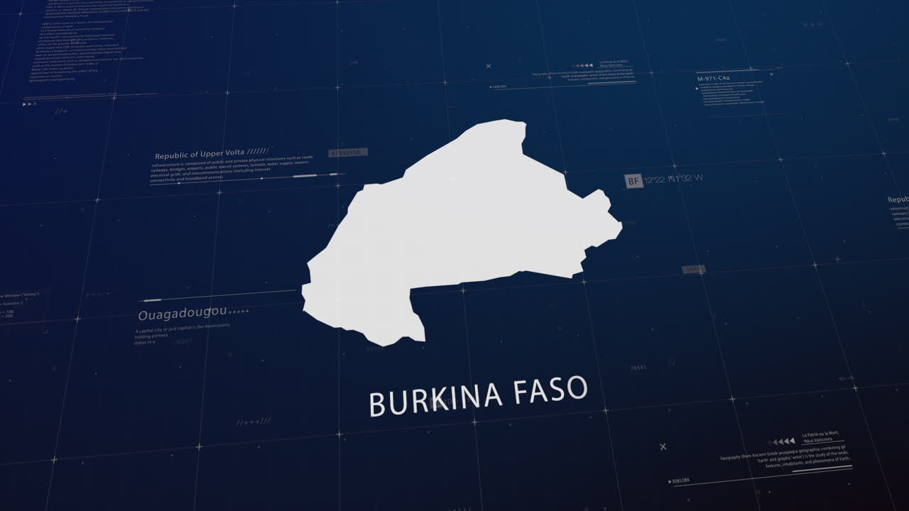 Burkina Faso country map comes to life with cinematic panning, unveiling key details, the capital, and slogan, providing an engaging background for corporate and commercial use